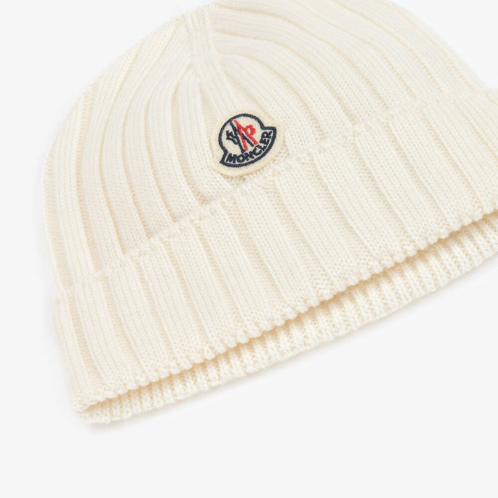 Moncler Enfant-Ivory Wool Knit Beanie Hat | Childrensalon