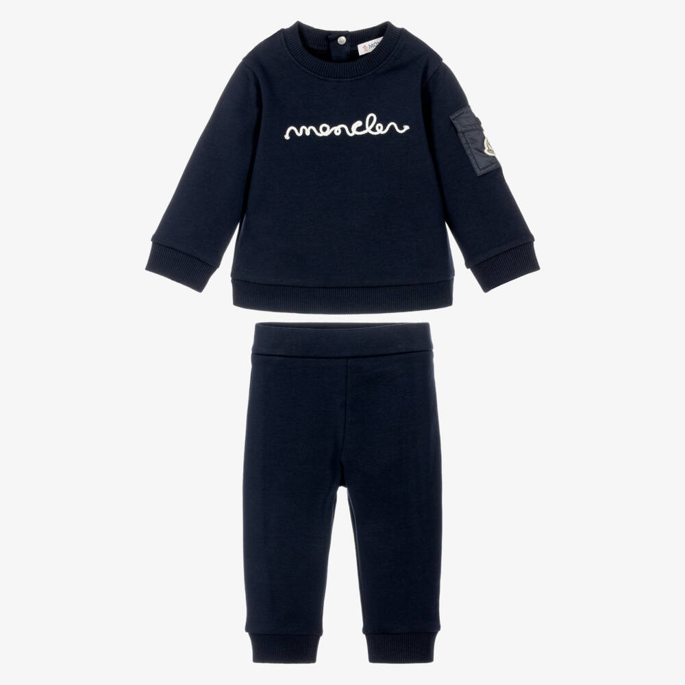 Moncler Enfant-Navy Blue Baby Tracksuit with Script Logo | Childrensalon