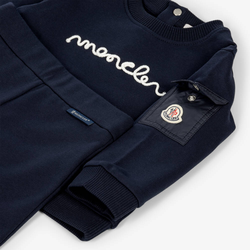 Moncler Enfant-Navy Blue Baby Tracksuit with Script Logo | Childrensalon