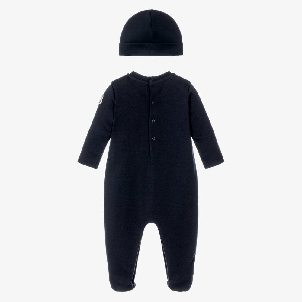 Moncler Enfant-Navy Blue Cotton Babysuit Gift Set with Layette Hat | Childrensalon
