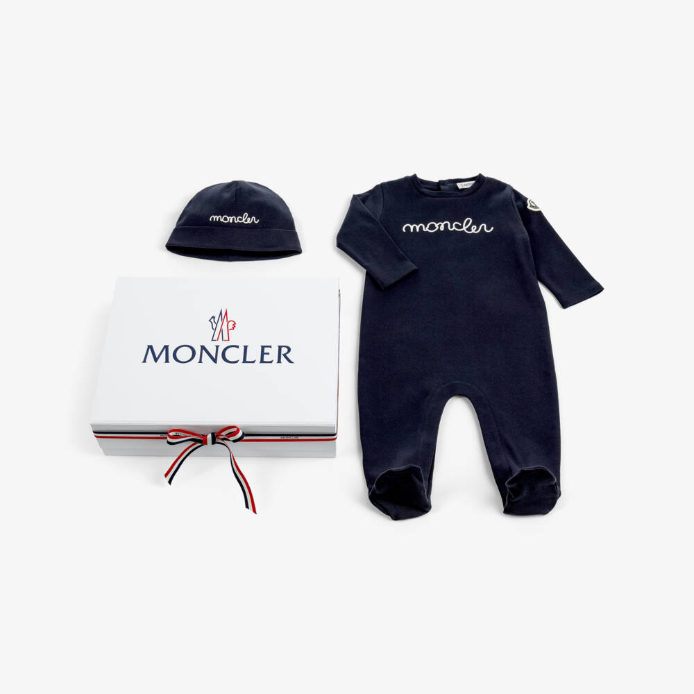 Moncler Enfant-Navy Blue Cotton Babysuit Gift Set with Layette Hat | Childrensalon