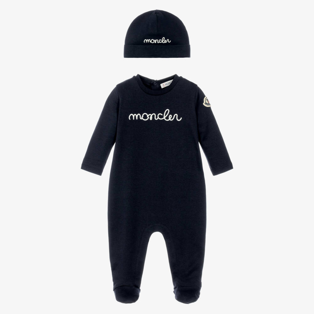 Moncler Enfant-Navy Blue Cotton Babysuit Gift Set with Layette Hat | Childrensalon