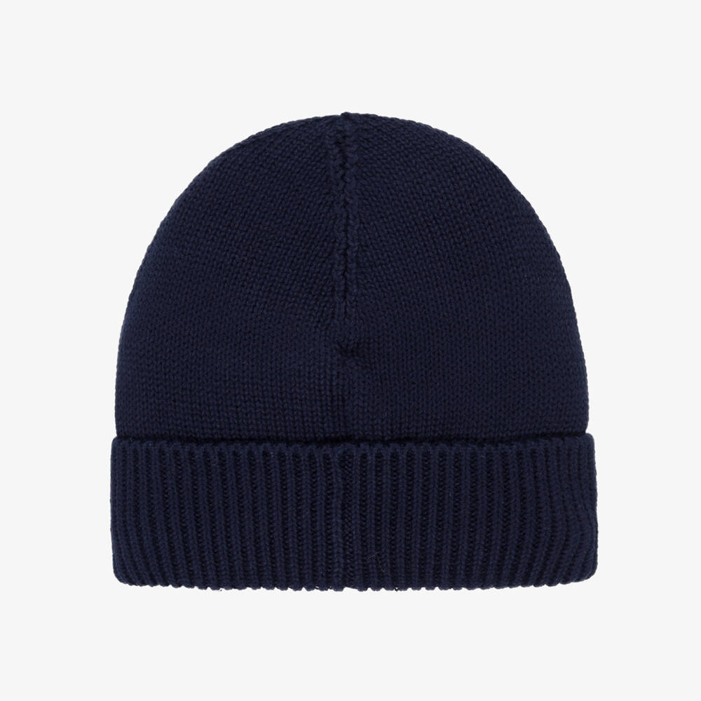 Moncler Enfant-Navy Blue Knitted Cotton Beanie Hat with Felted Logo | Childrensalon