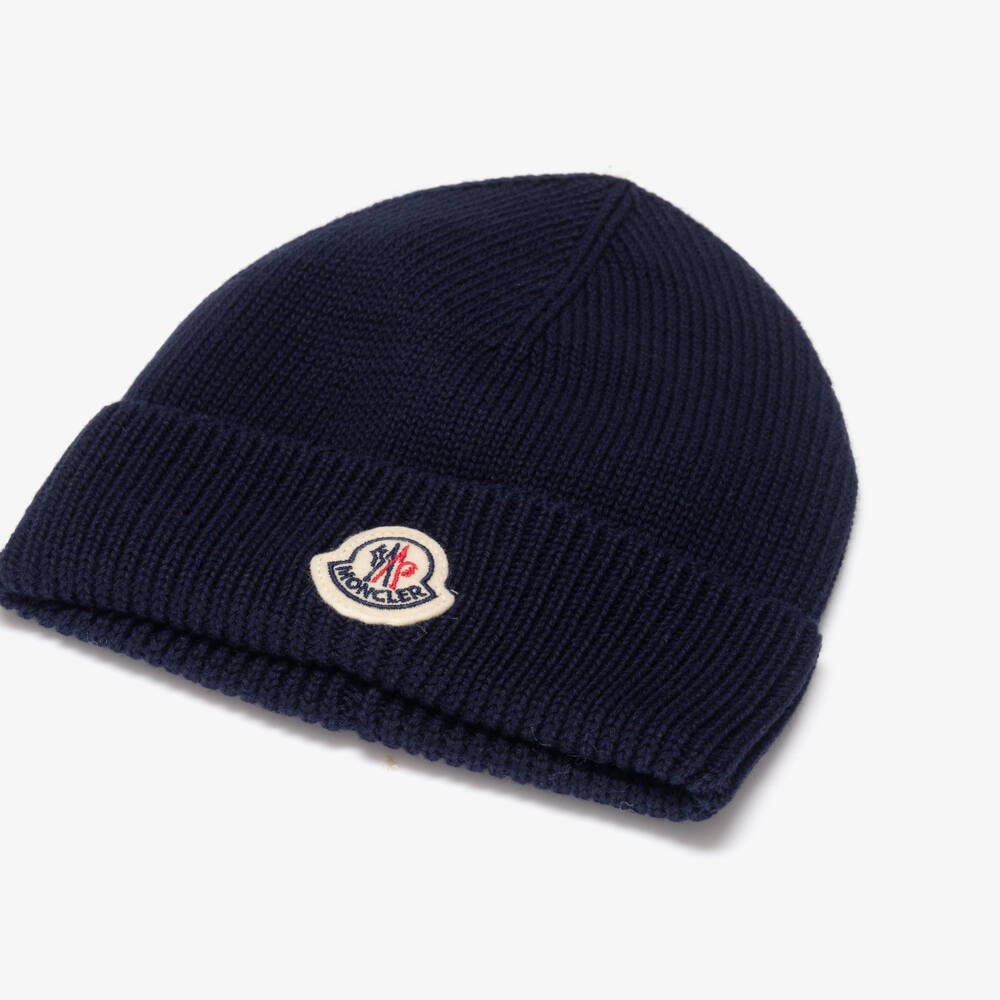 Moncler Enfant-Navy Blue Knitted Cotton Beanie Hat with Felted Logo | Childrensalon