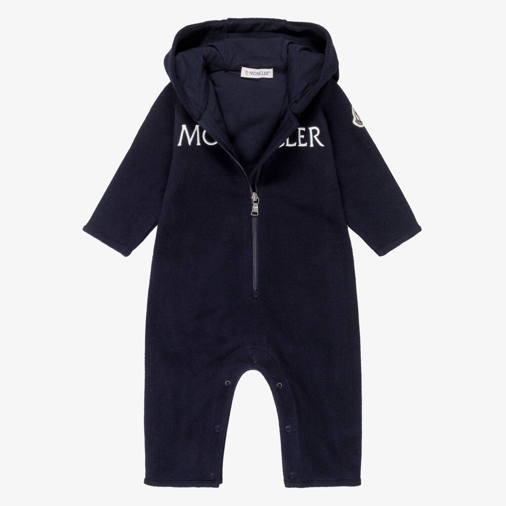 Moncler Enfant-Navy Blue Polar Fleece Embroidered Logo Pramsuit | Childrensalon