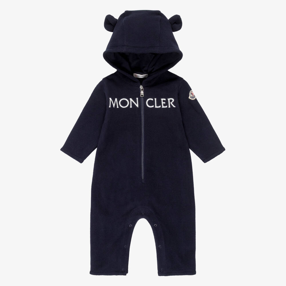 Moncler Enfant-Navy Blue Polar Fleece Embroidered Logo Pramsuit | Childrensalon