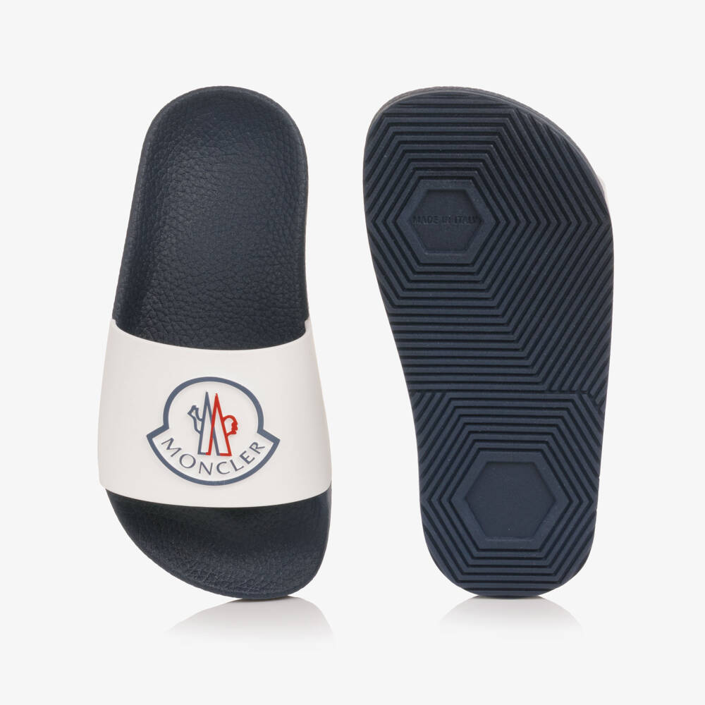 Moncler Enfant-Navy Blue & White Sliders with Bell Logo | Childrensalon