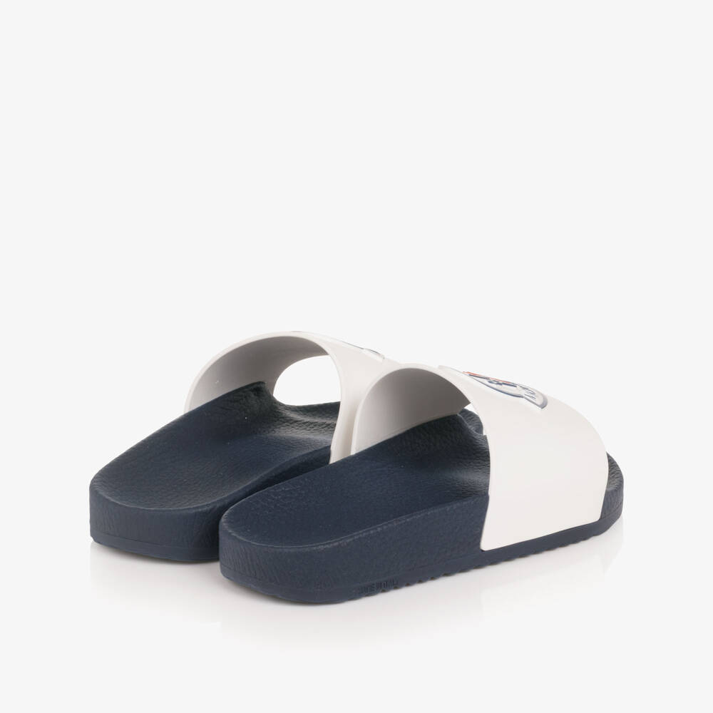 Moncler Enfant-Navy Blue & White Sliders with Bell Logo | Childrensalon