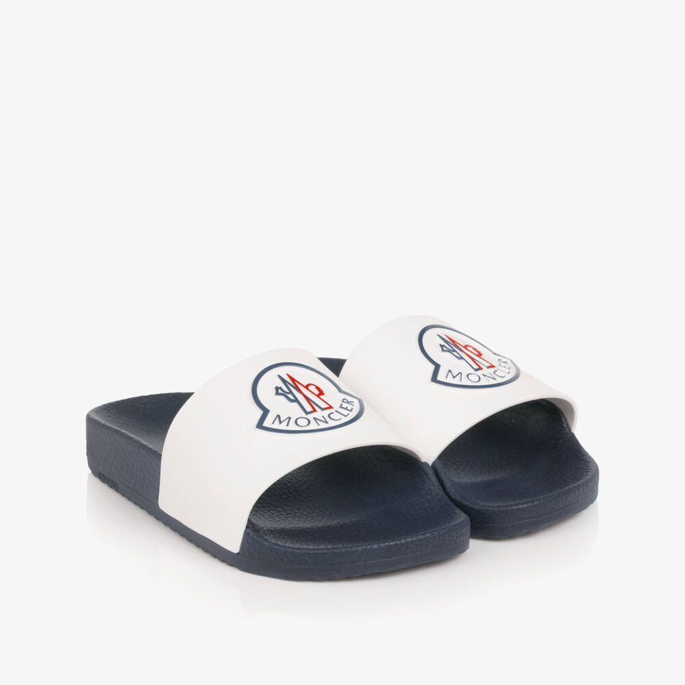 Moncler Enfant-Navy Blue & White Sliders with Bell Logo | Childrensalon