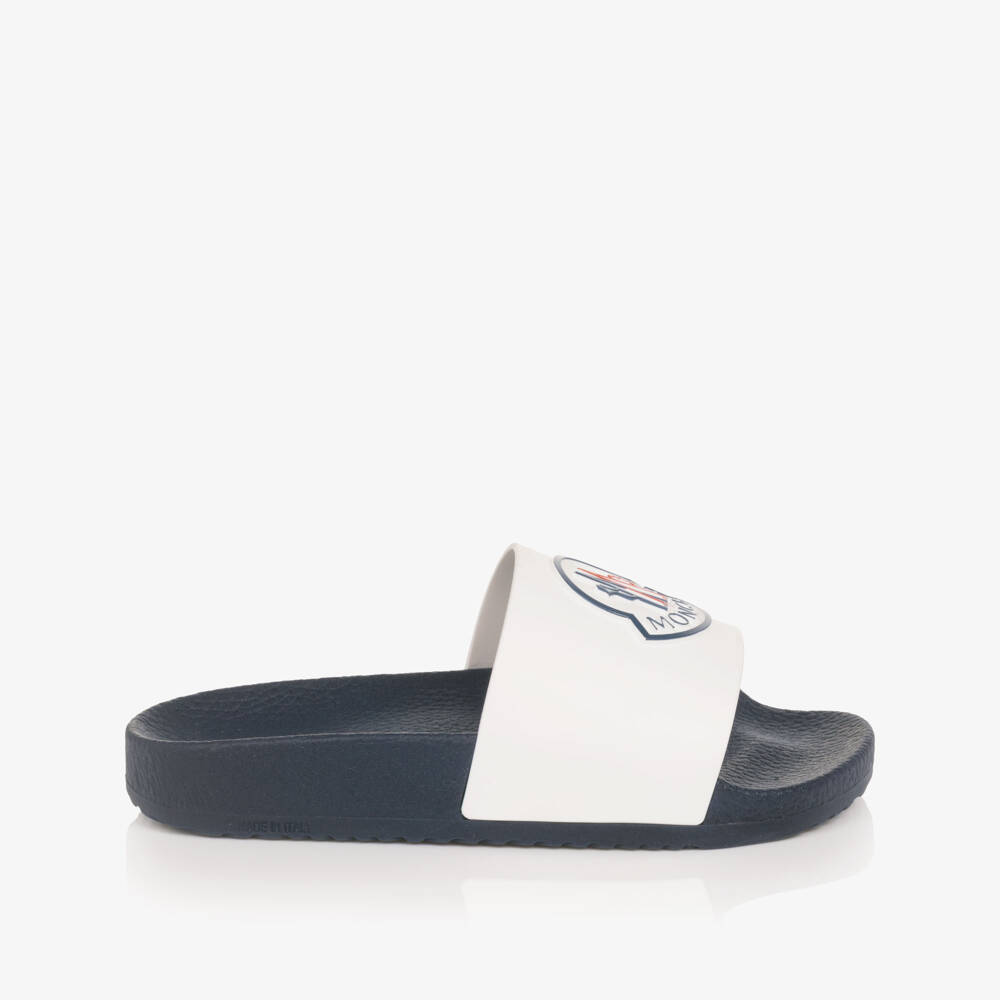 Moncler Enfant-Navy Blue & White Sliders with Bell Logo | Childrensalon