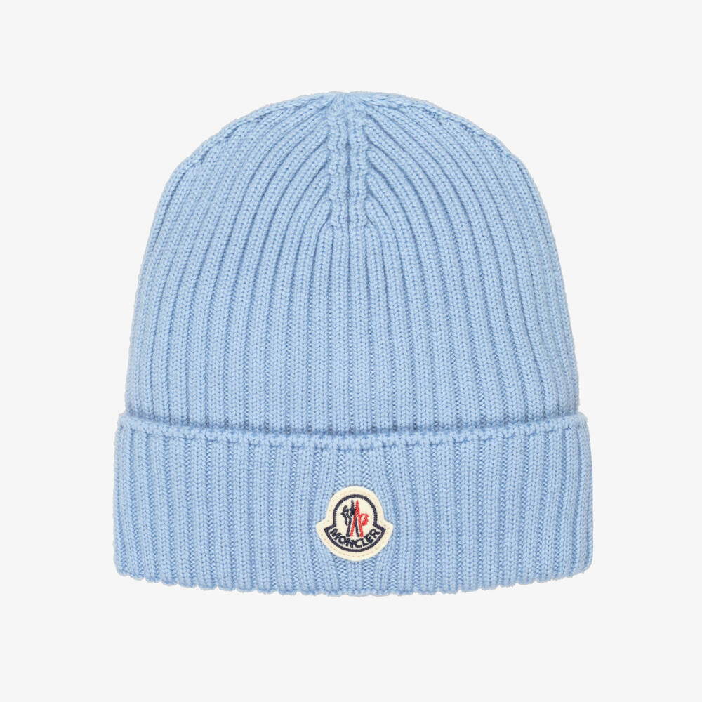 Moncler Enfant-Pale Blue Ribbed Wool Hat with Felted Logo | Childrensalon