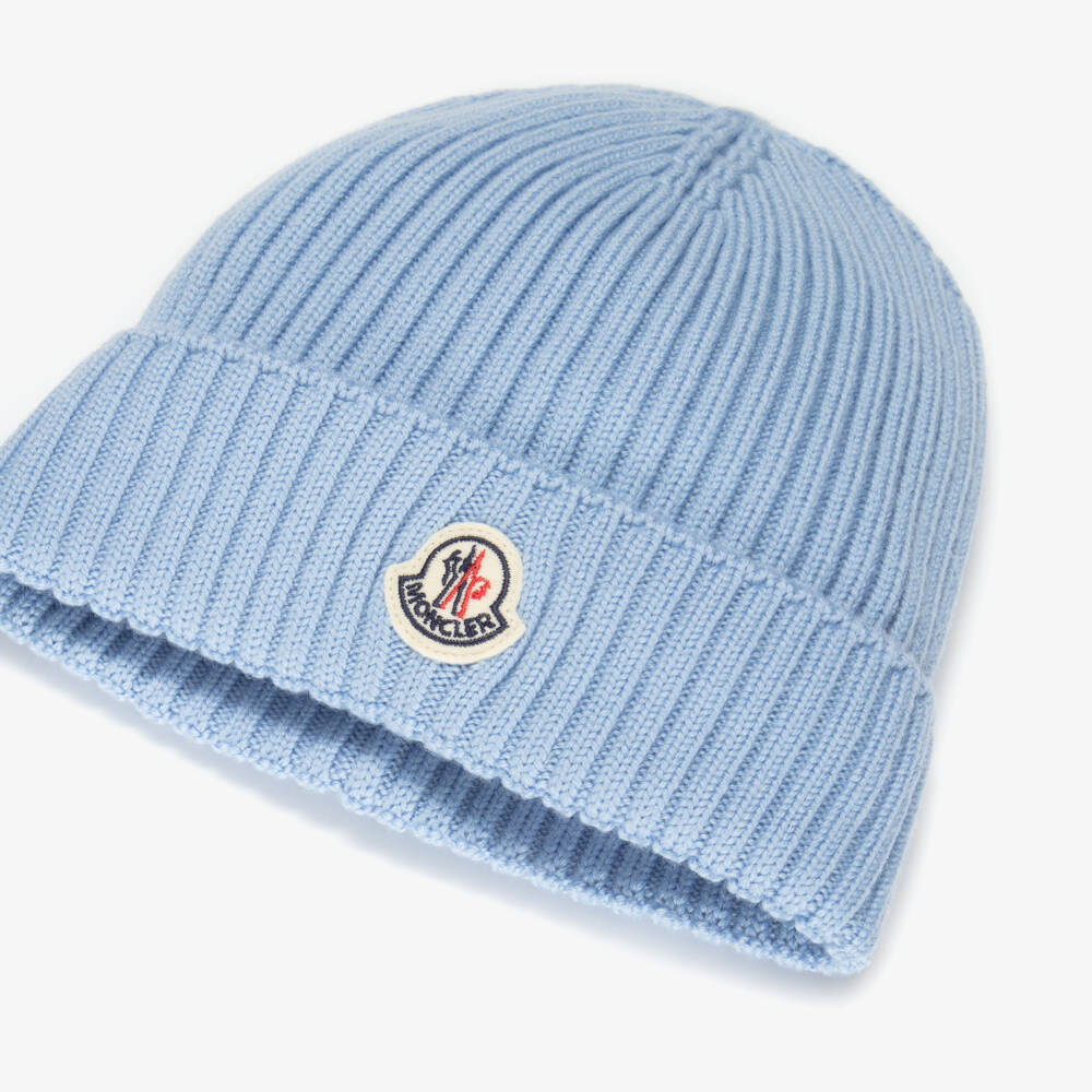 Moncler Enfant-Pale Blue Ribbed Wool Hat with Felted Logo | Childrensalon