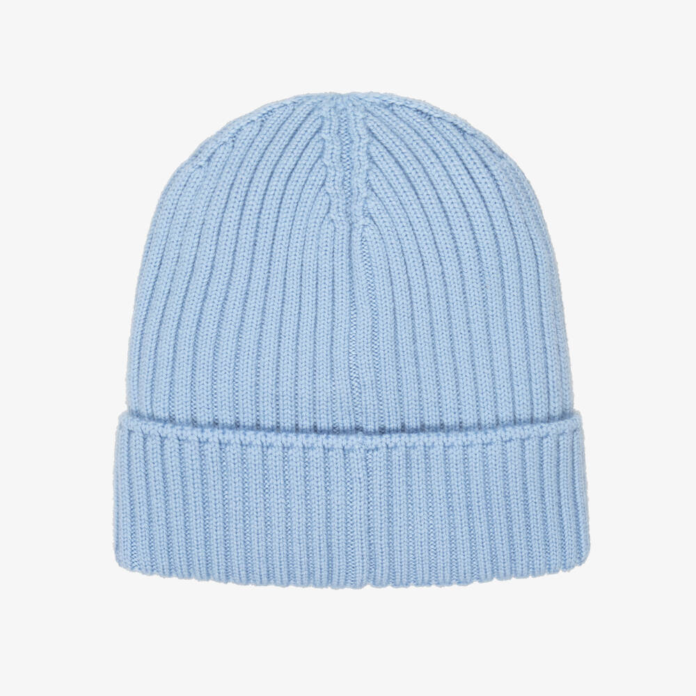 Moncler Enfant-Pale Blue Ribbed Wool Hat with Felted Logo | Childrensalon