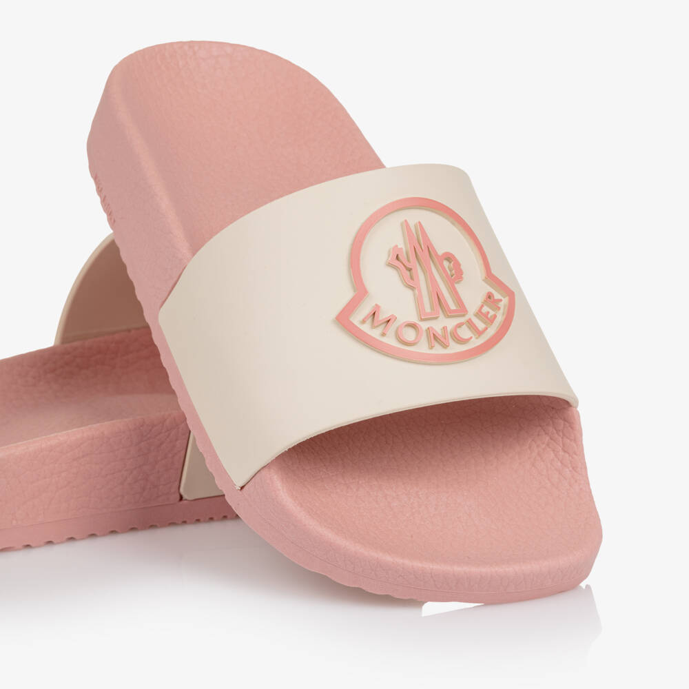 Moncler Enfant-Pink & Ivory Sliders with Bell Logo | Childrensalon