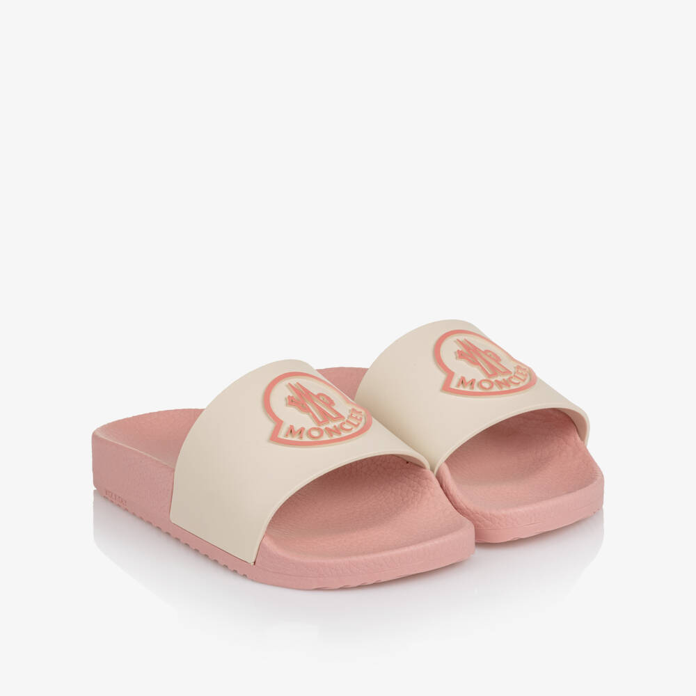 Moncler Enfant-Pink & Ivory Sliders with Bell Logo | Childrensalon