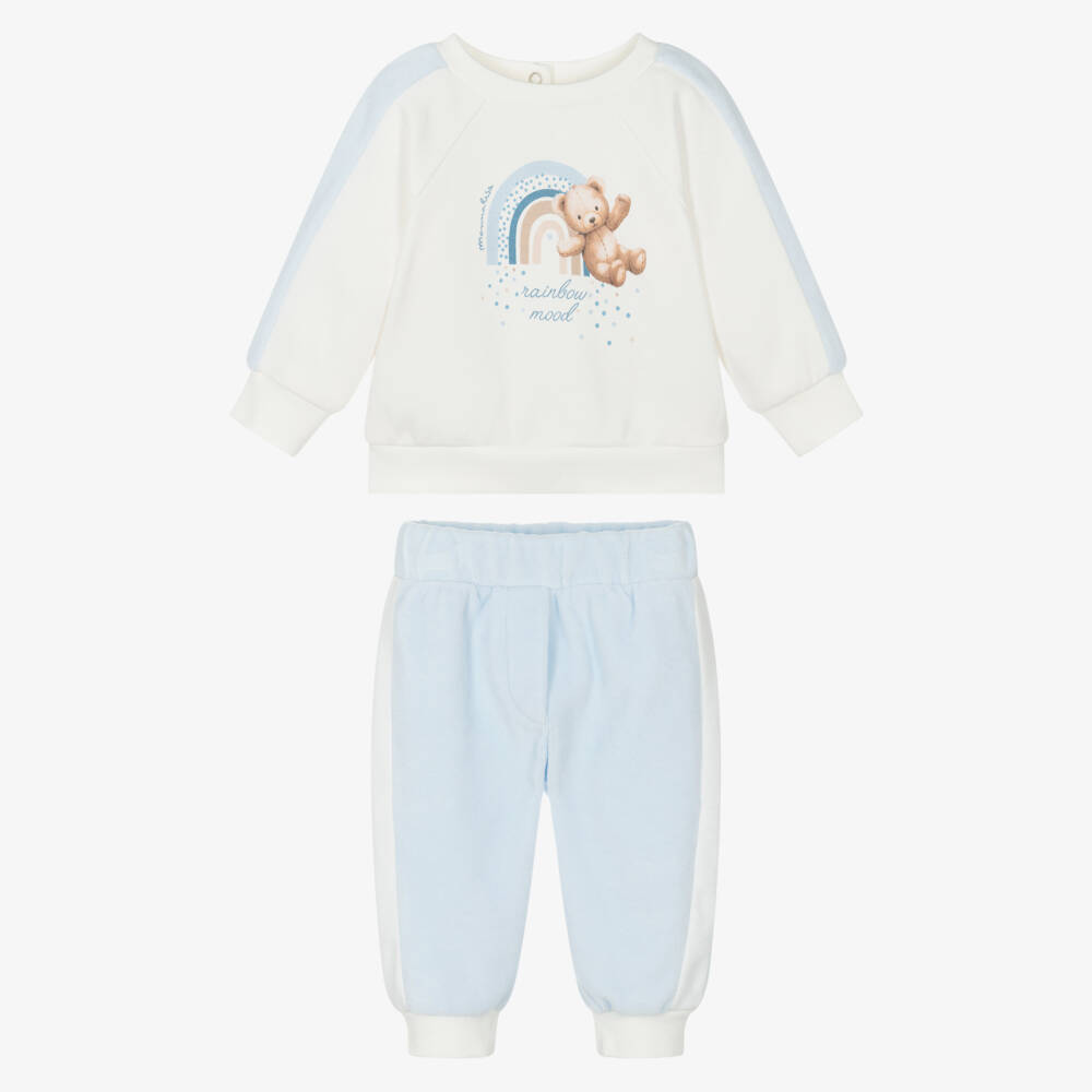 Monnalisa-Baby Boys Ivory & Blue Velour Teddy Bear Tracksuit | Childrensalon