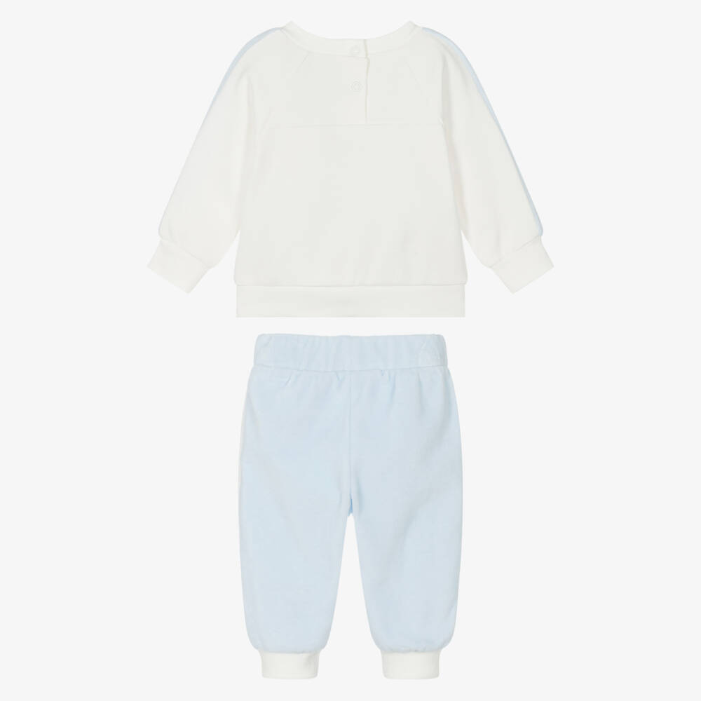 Monnalisa-Baby Boys Ivory & Blue Velour Teddy Bear Tracksuit | Childrensalon