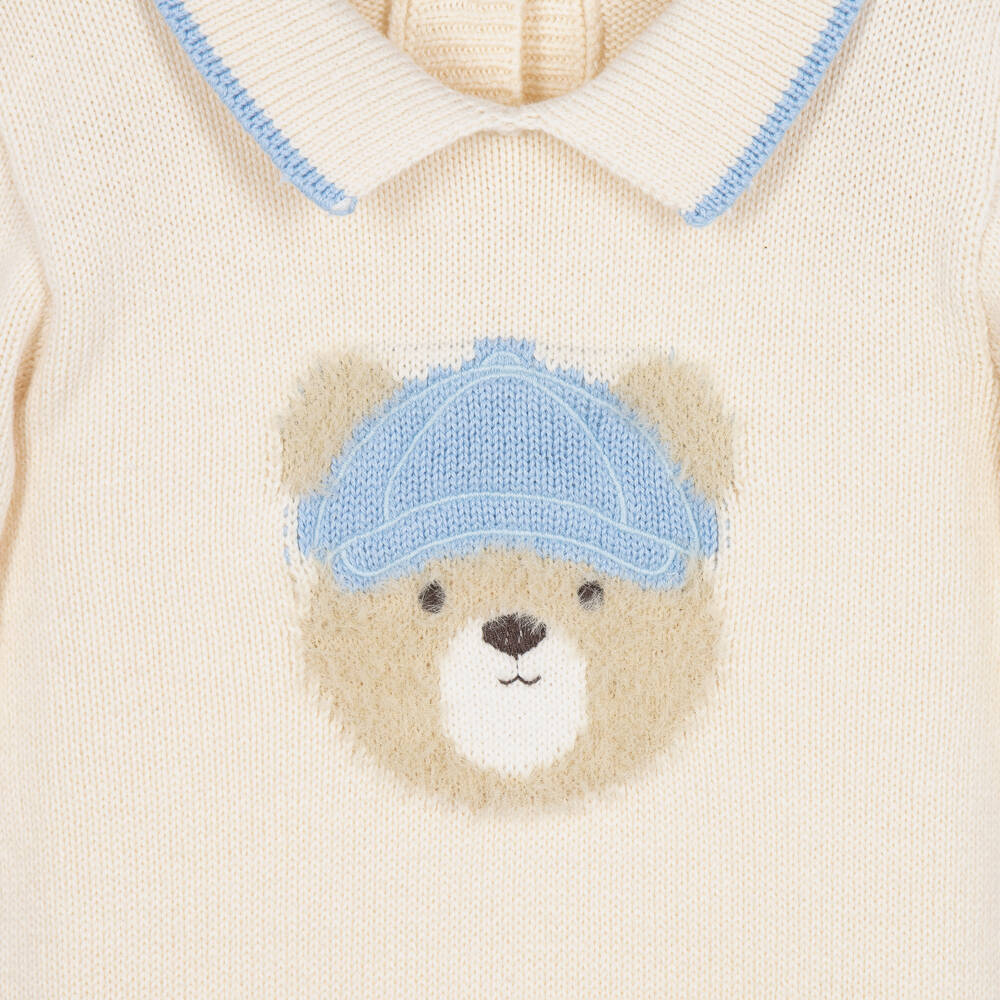 Monnalisa-Baby Boys Ivory Knitted Romper with Teddy Motif | Childrensalon