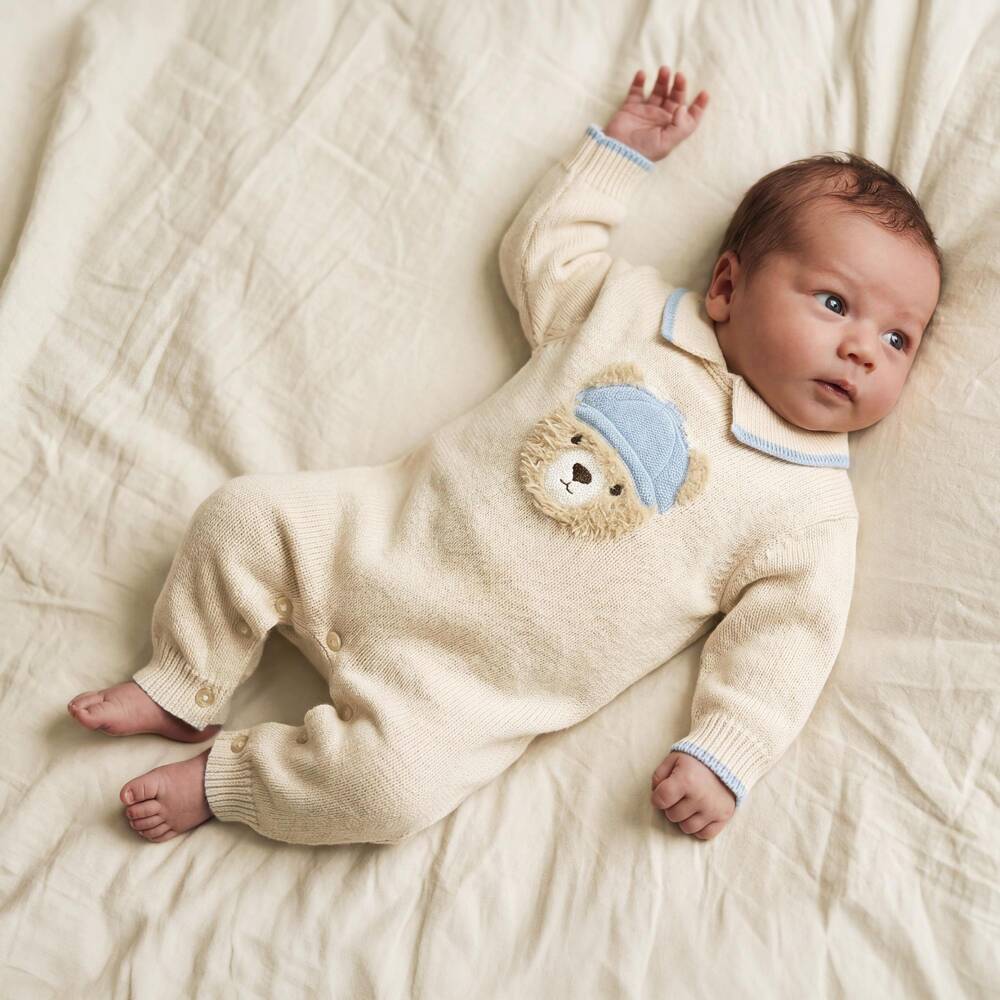 Monnalisa-Baby Boys Ivory Knitted Romper with Teddy Motif | Childrensalon