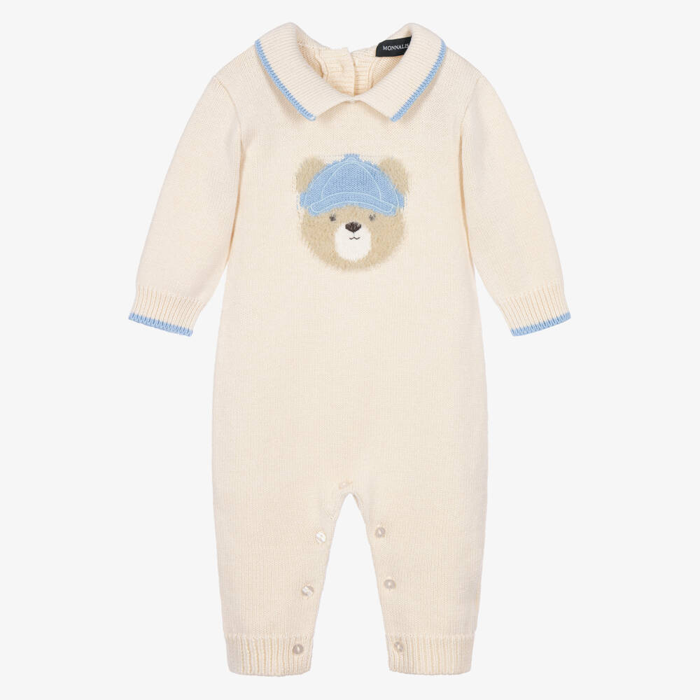 Monnalisa-Baby Boys Ivory Knitted Romper with Teddy Motif | Childrensalon