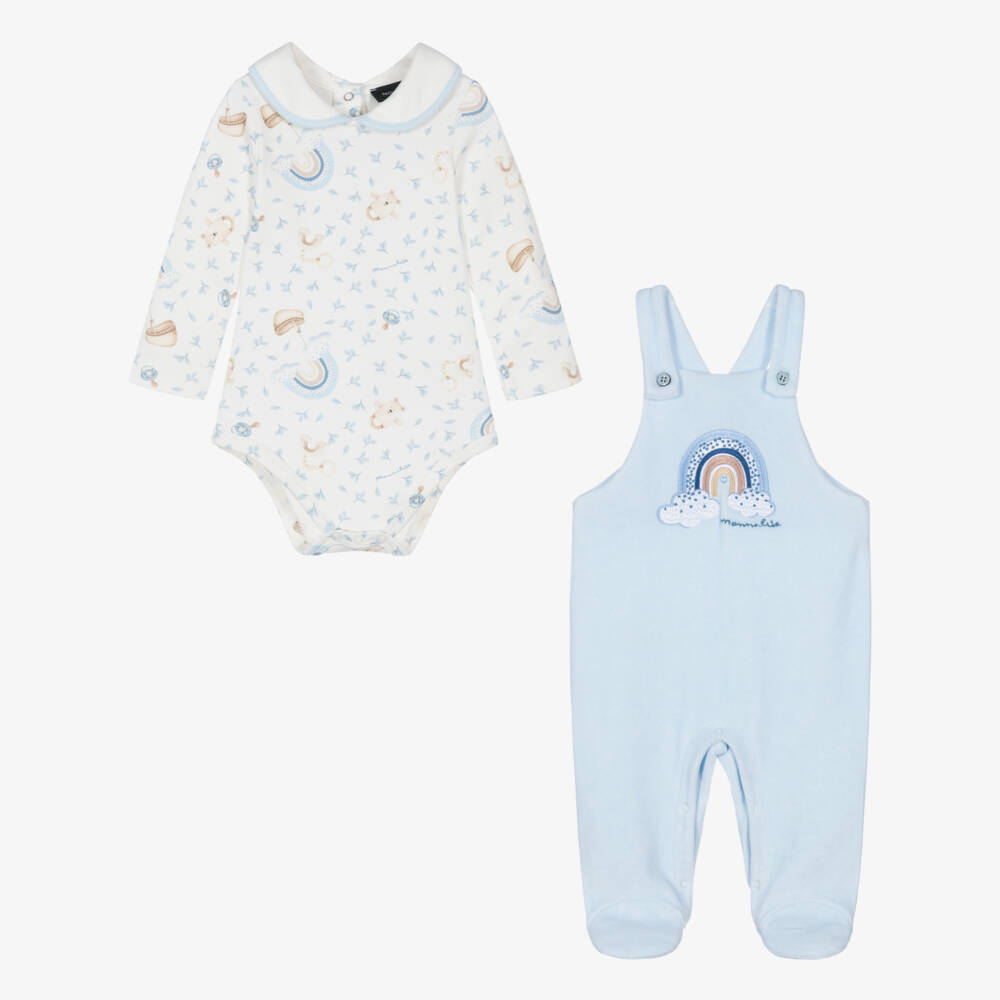 Monnalisa-Baby Boys Pale Blue Cotton Rainbow Babygrow Set | Childrensalon