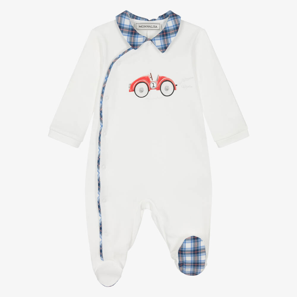 Monnalisa-Baby Boys White Cotton Racing Car Babygrow Set | Childrensalon