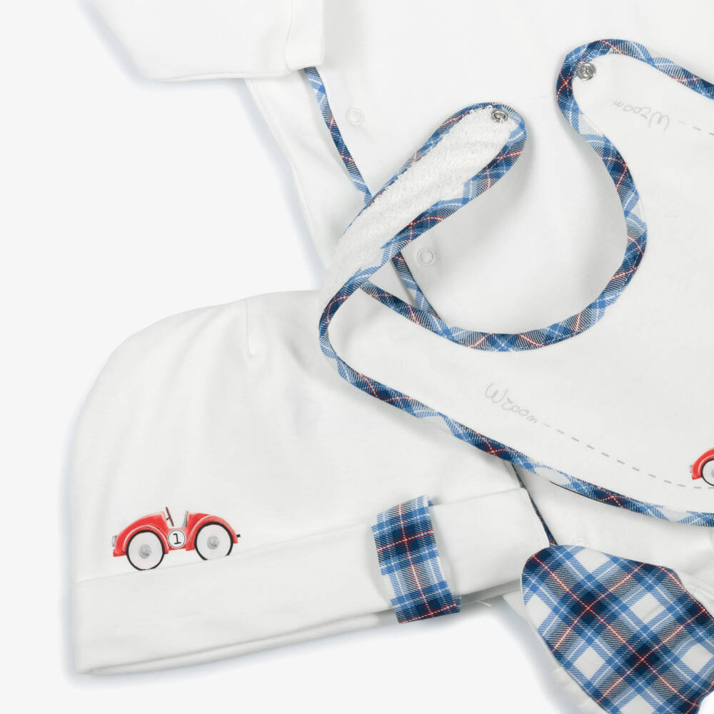 Monnalisa-Baby Boys White Cotton Racing Car Babygrow Set | Childrensalon