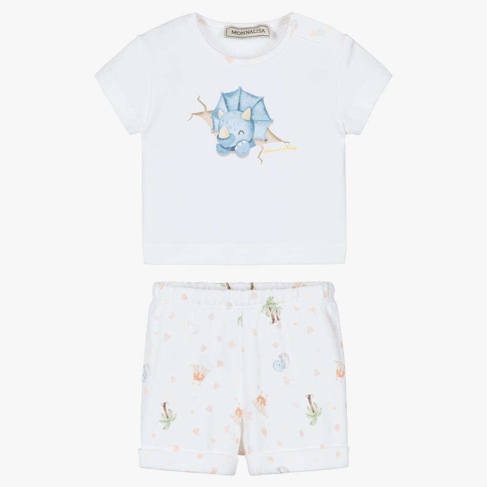 Monnalisa-Baby Boys White Dinosaur Print Cotton Jersey Shorts Set | Childrensalon
