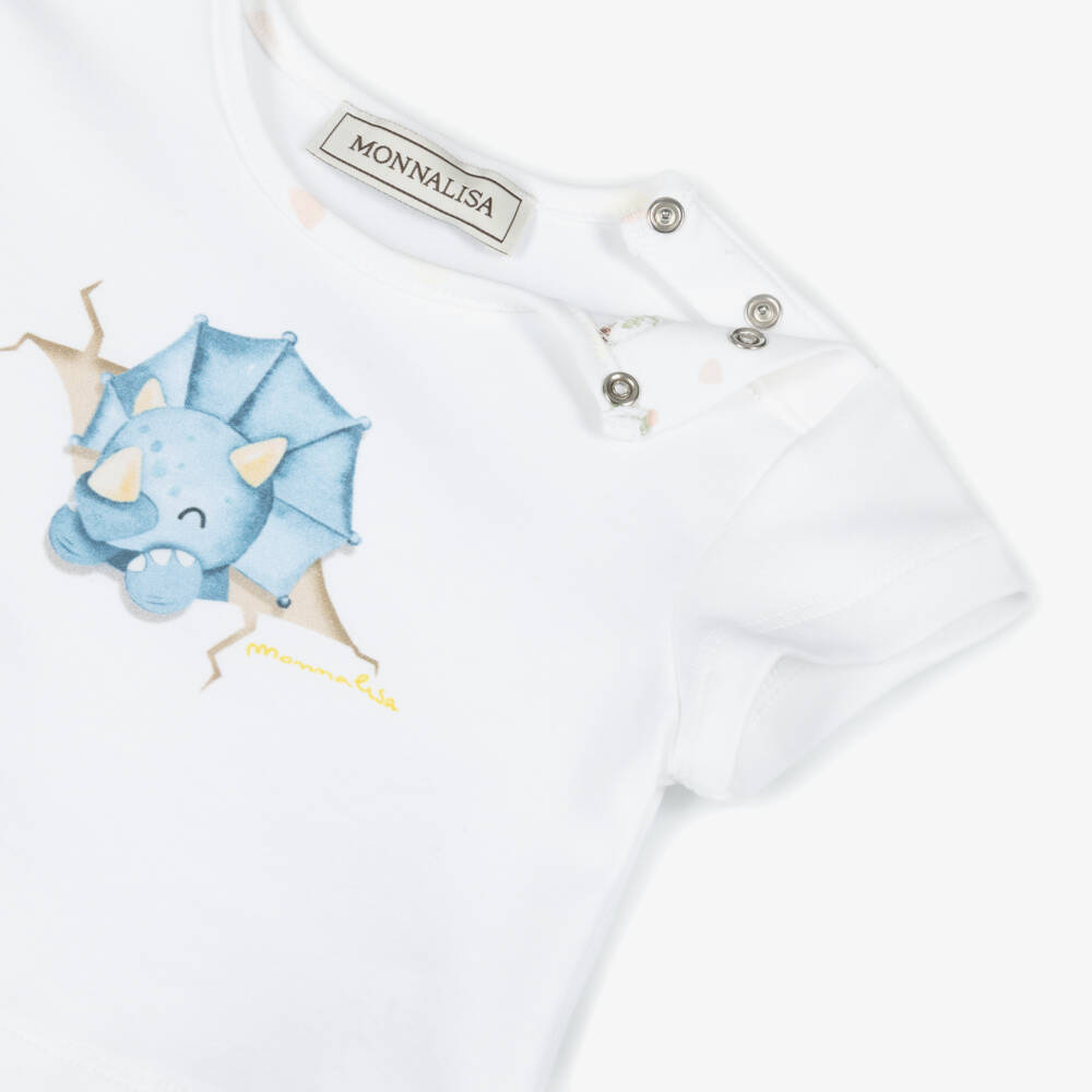 Monnalisa-Baby Boys White Dinosaur Print Cotton Jersey Shorts Set | Childrensalon