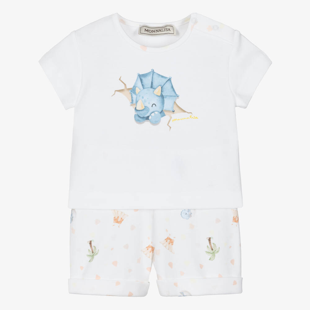 Monnalisa-Baby Boys White Dinosaur Print Cotton Jersey Shorts Set | Childrensalon
