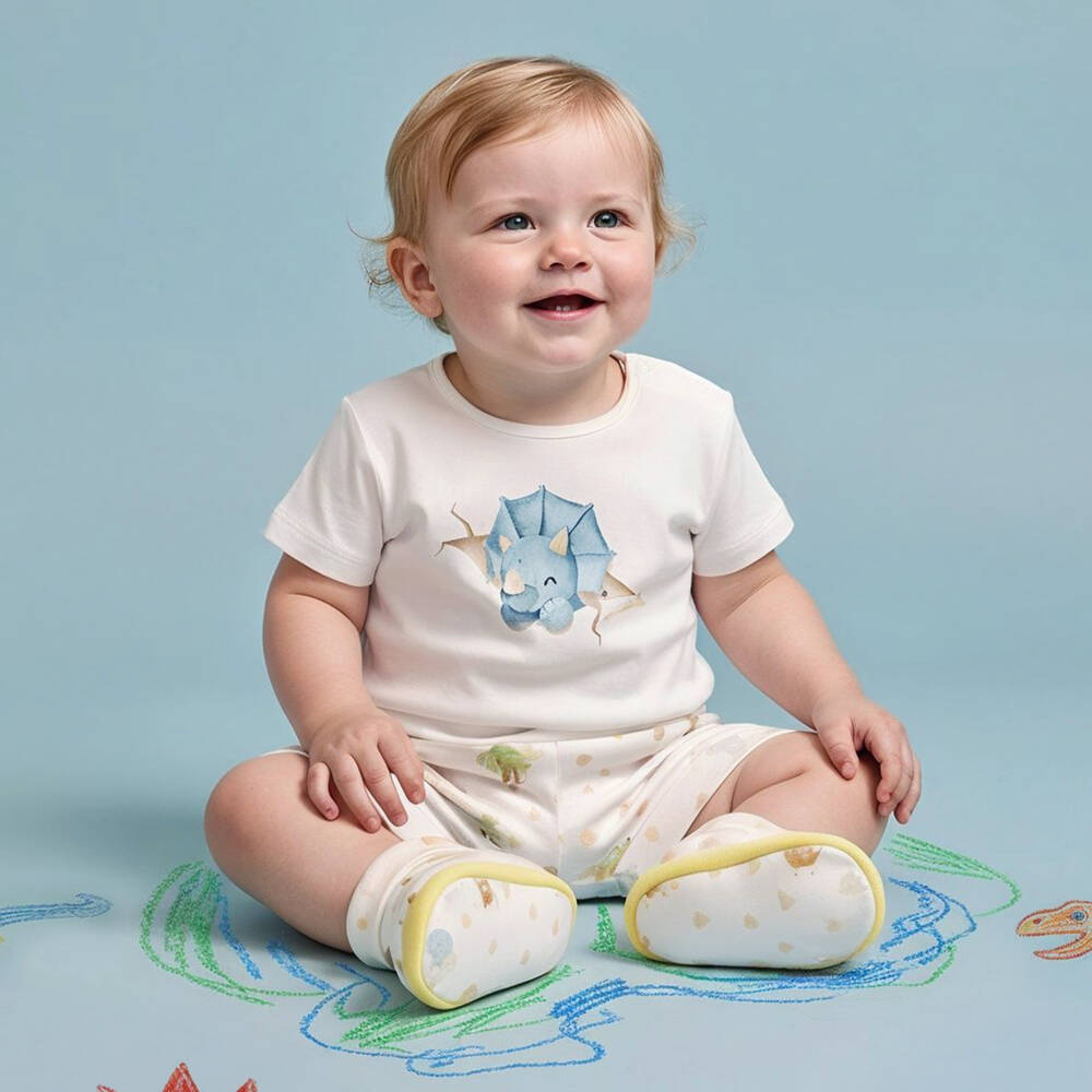 Monnalisa-Baby Boys White Dinosaur Print Cotton Jersey Shorts Set | Childrensalon