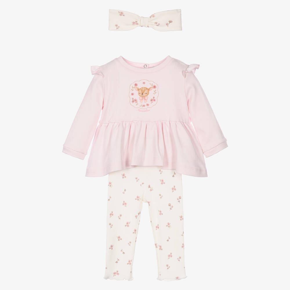 Monnalisa-Baby Girls Floral Leggings & Headband Set in Pink | Childrensalon