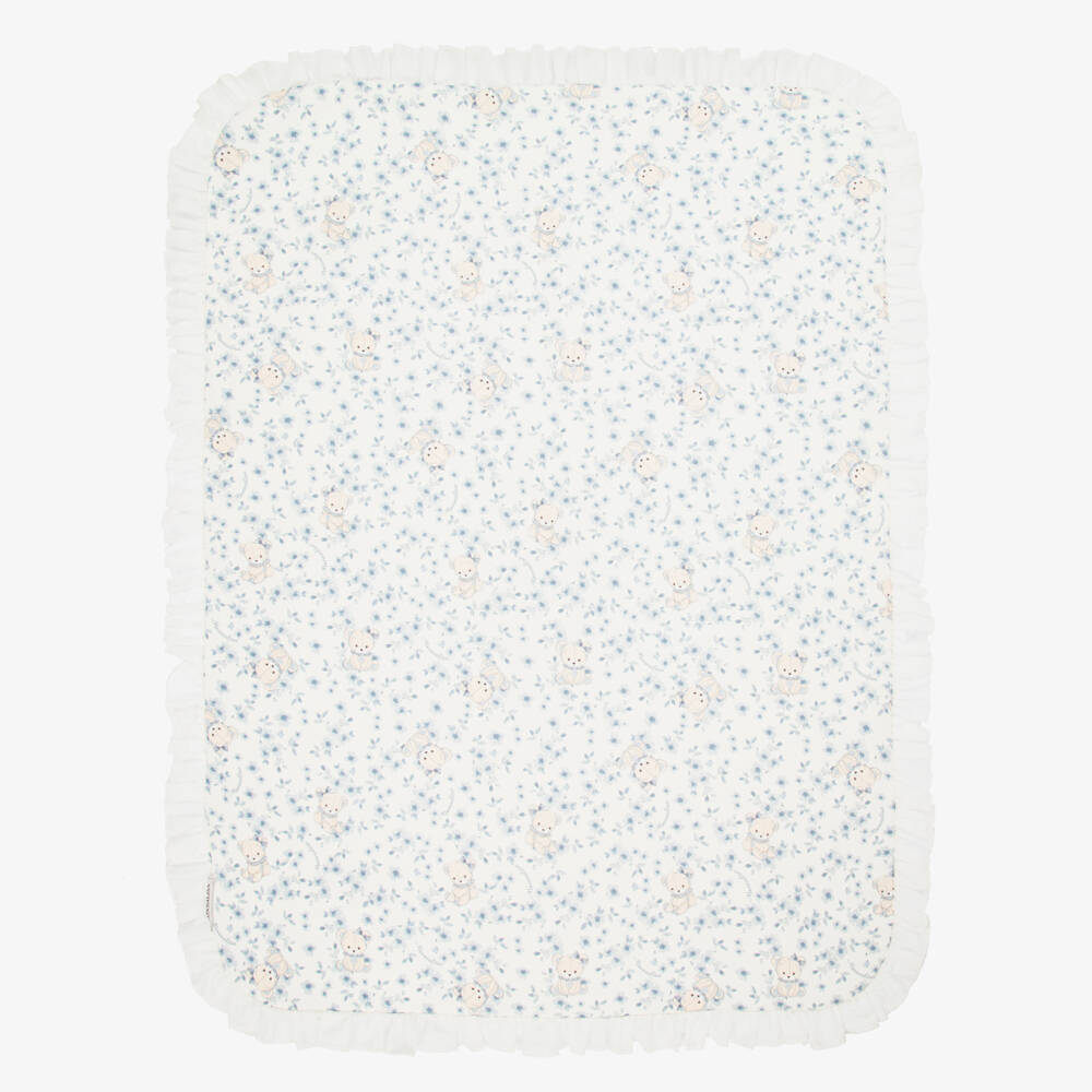 Monnalisa-Baby Girls Ivory & Blue Floral Cotton Teddy Blanket (89cm) | Childrensalon