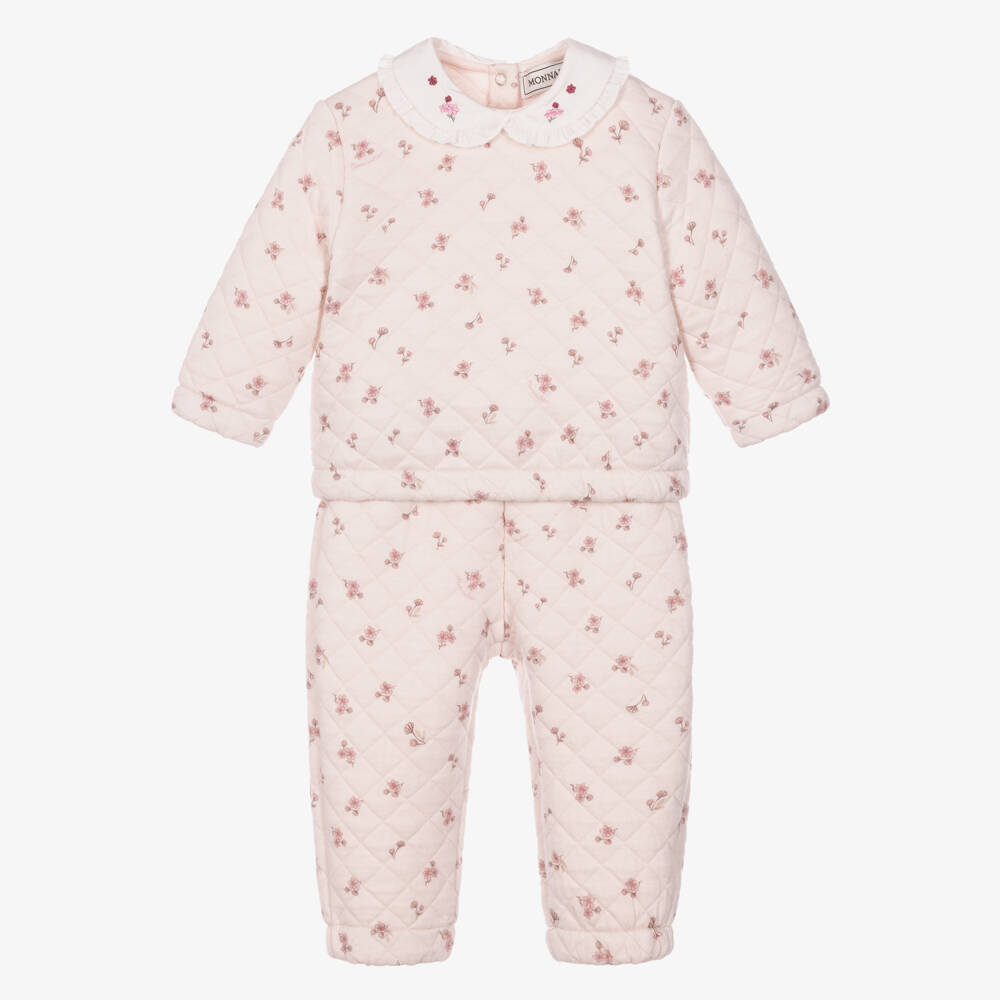 Monnalisa-Baby Girls Pink Floral Quilted Trouser Set | Childrensalon