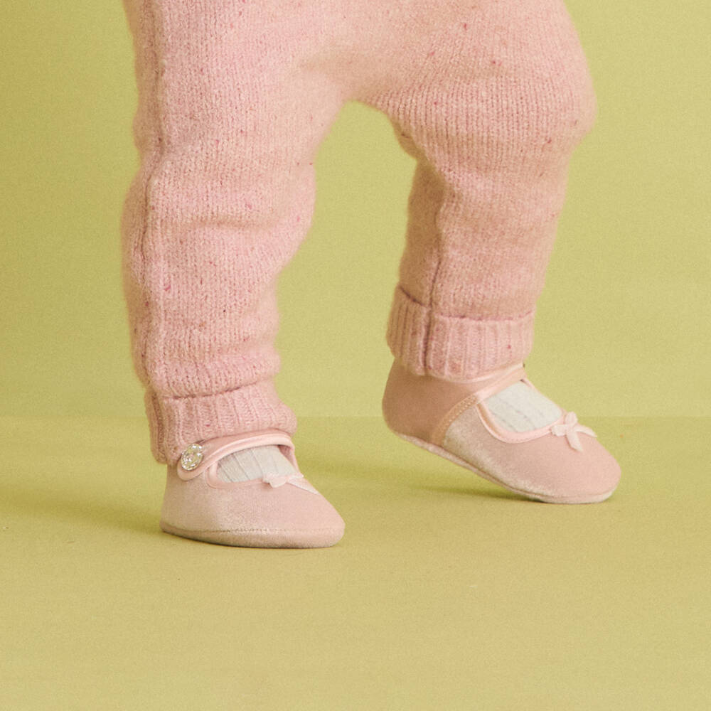 Monnalisa-Baby Girls Pink Velvet Pre-Walker Shoes | Childrensalon