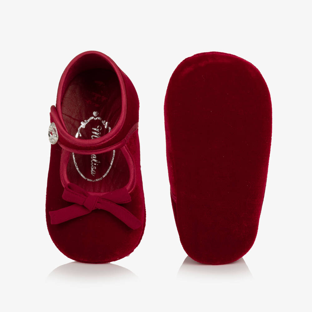 Monnalisa-Baby Girls Red Velvet Pre-Walker Shoes | Childrensalon