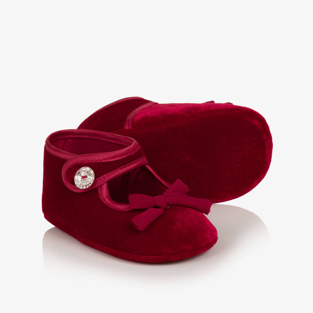 Monnalisa-Baby Girls Red Velvet Pre-Walker Shoes | Childrensalon
