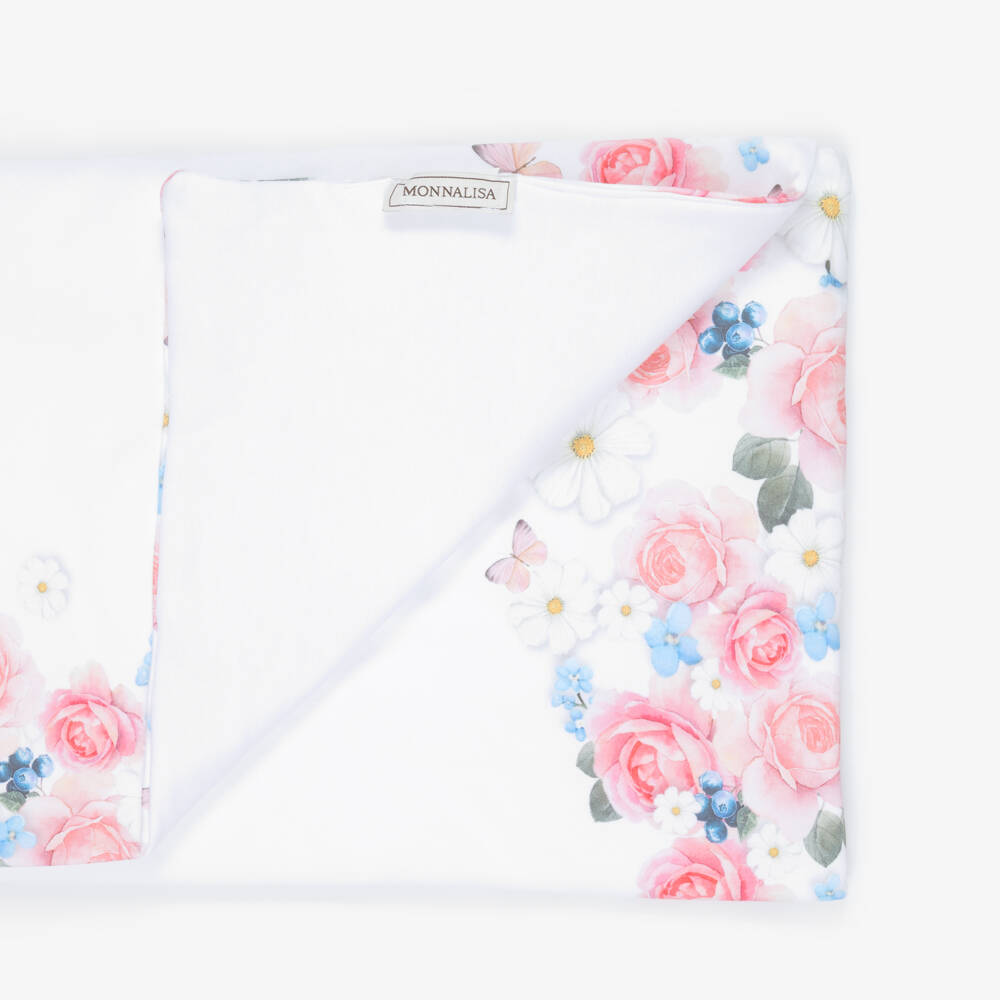 Monnalisa-Baby Girls White & Pink Floral Cotton Blanket (90cm) | Childrensalon