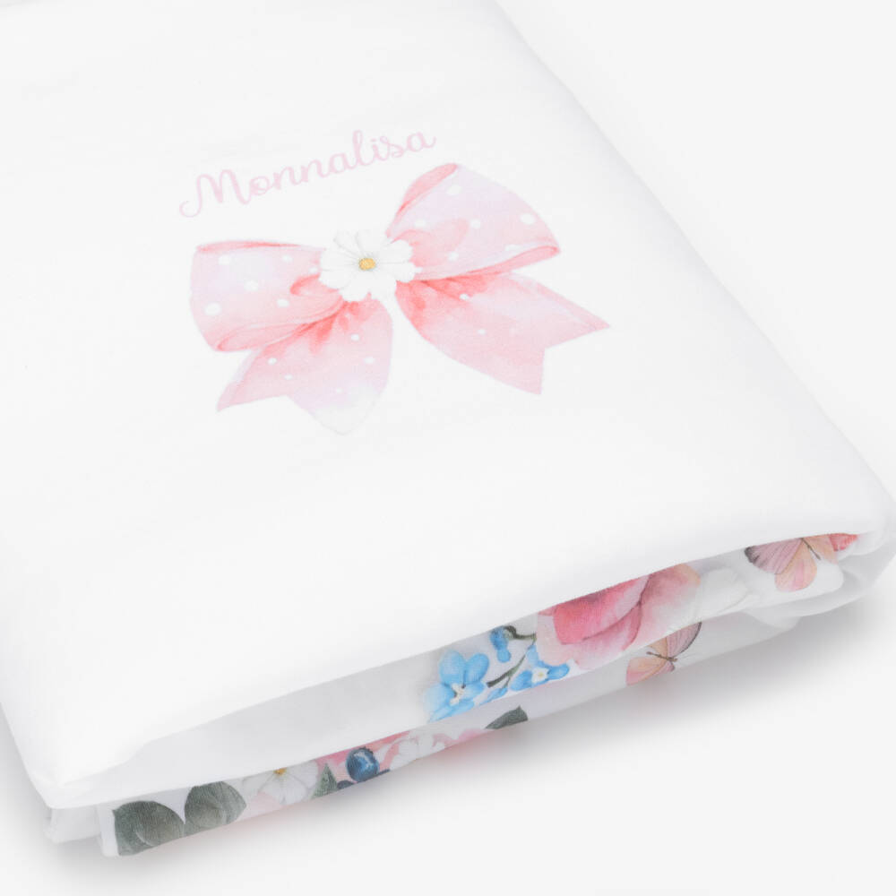 Monnalisa-Baby Girls White & Pink Floral Cotton Blanket (90cm) | Childrensalon