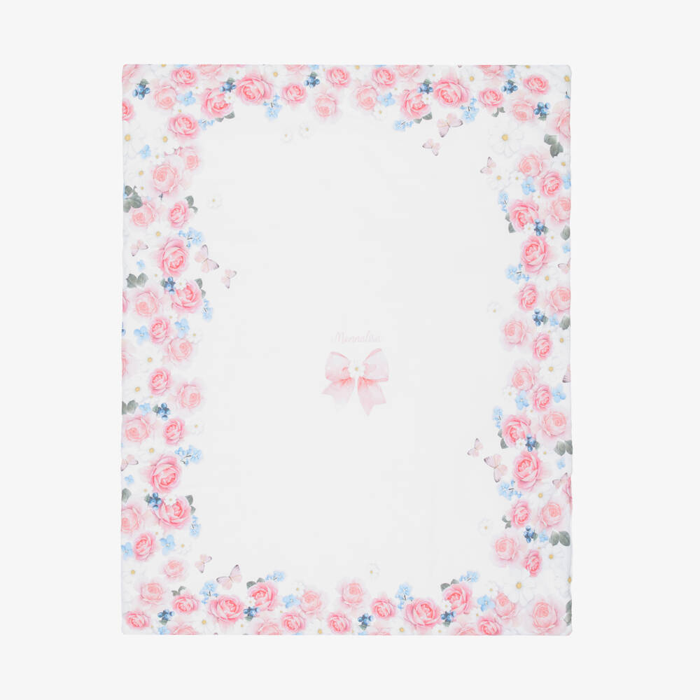 Monnalisa-Baby Girls White & Pink Floral Cotton Blanket (90cm) | Childrensalon