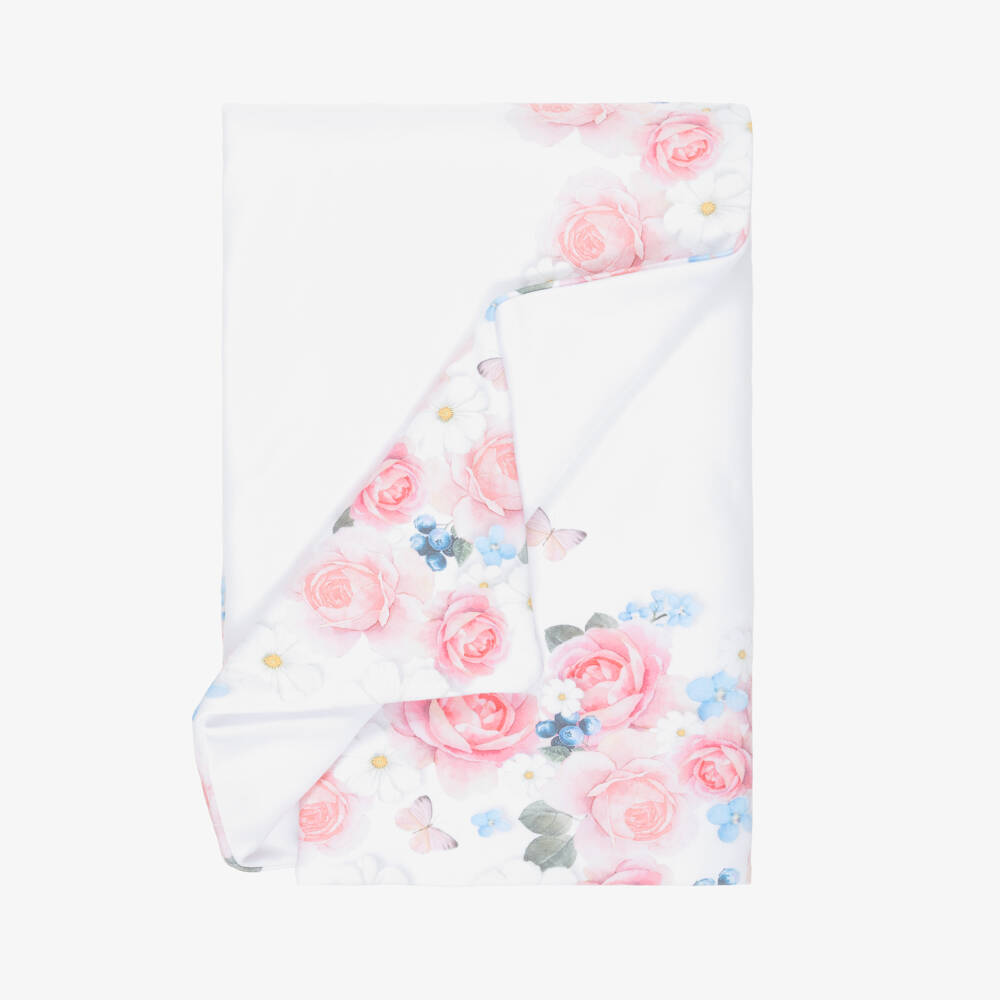 Monnalisa-Baby Girls White & Pink Floral Cotton Blanket (90cm) | Childrensalon