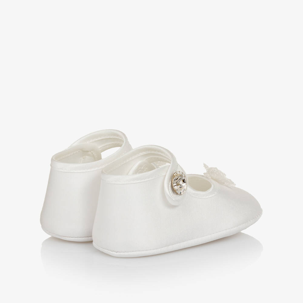 Monnalisa-Baby Girls White Satin Pre-Walkers with Lace Butterflies | Childrensalon
