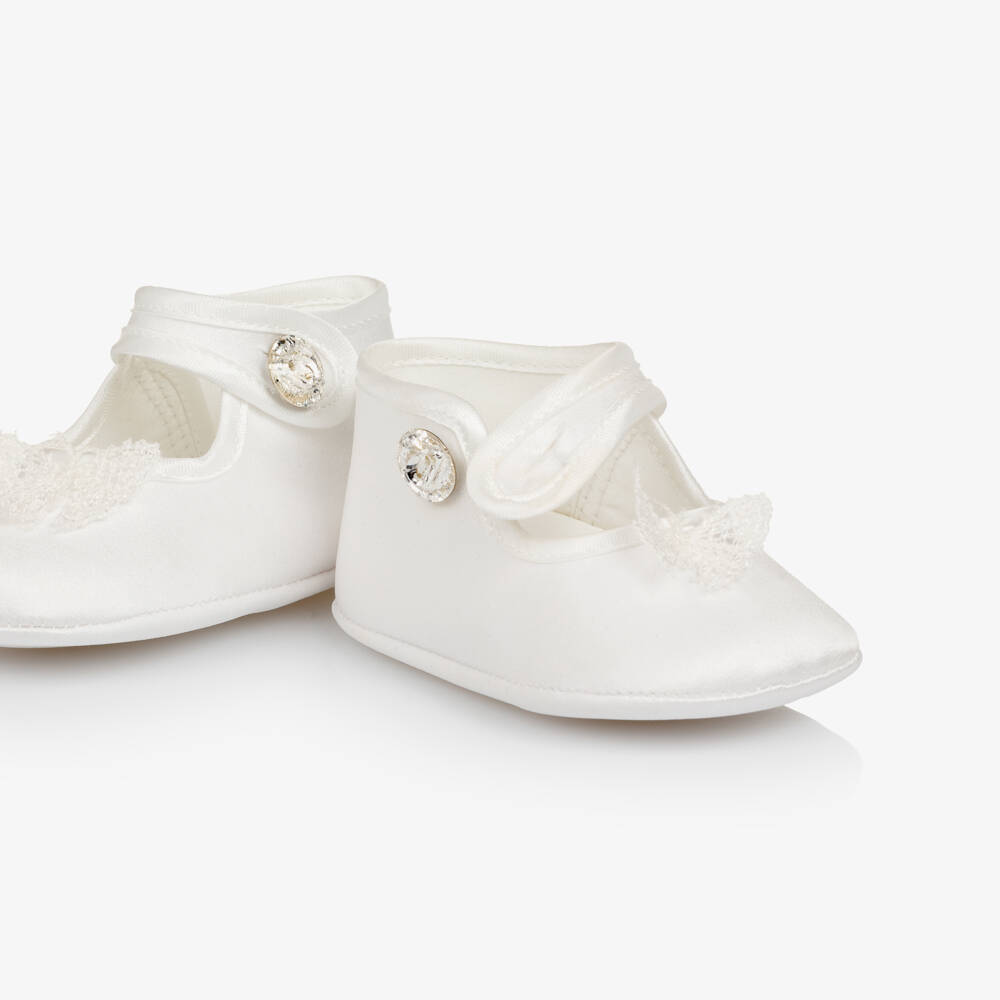 Monnalisa-Baby Girls White Satin Pre-Walkers with Lace Butterflies | Childrensalon