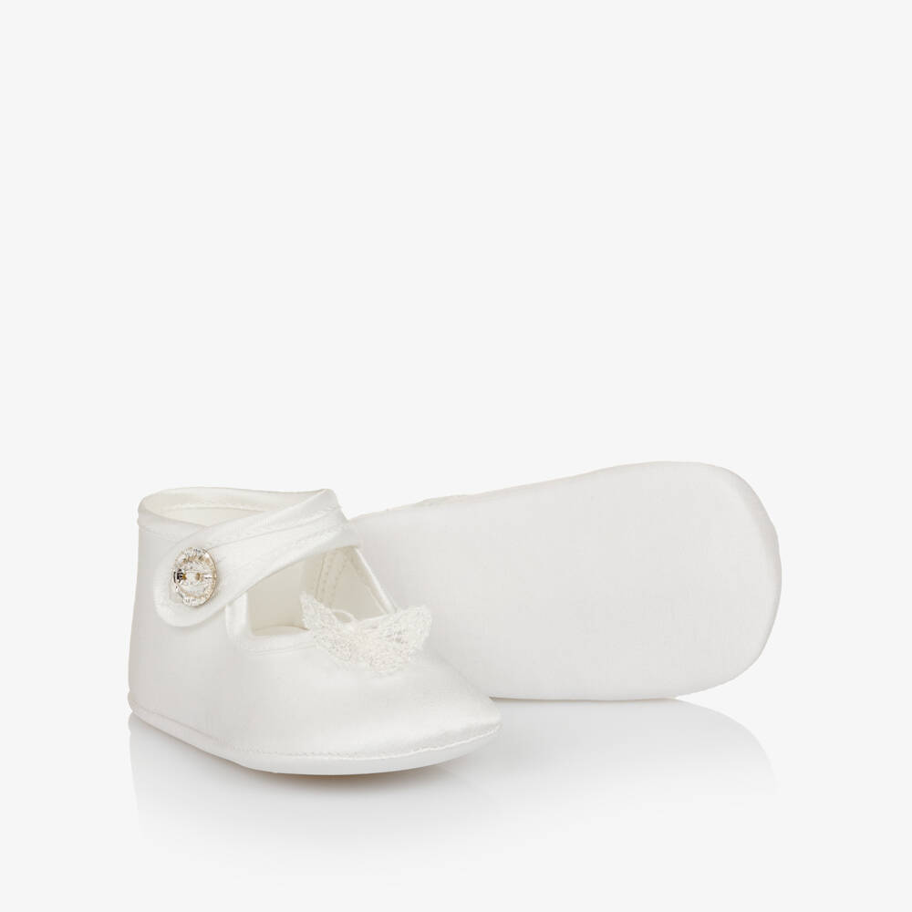 Monnalisa-Baby Girls White Satin Pre-Walkers with Lace Butterflies | Childrensalon