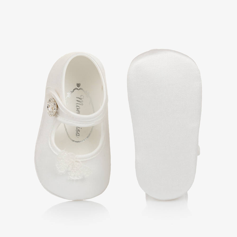 Monnalisa-Baby Girls White Satin Pre-Walkers with Lace Butterflies | Childrensalon
