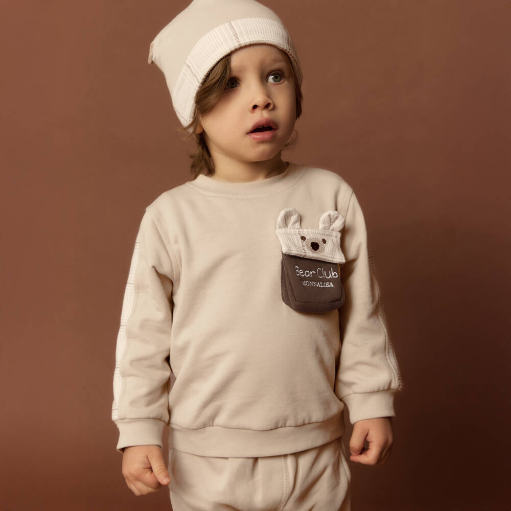 Monnalisa-Boys Beige Cotton Bear Club Tracksuit | Childrensalon