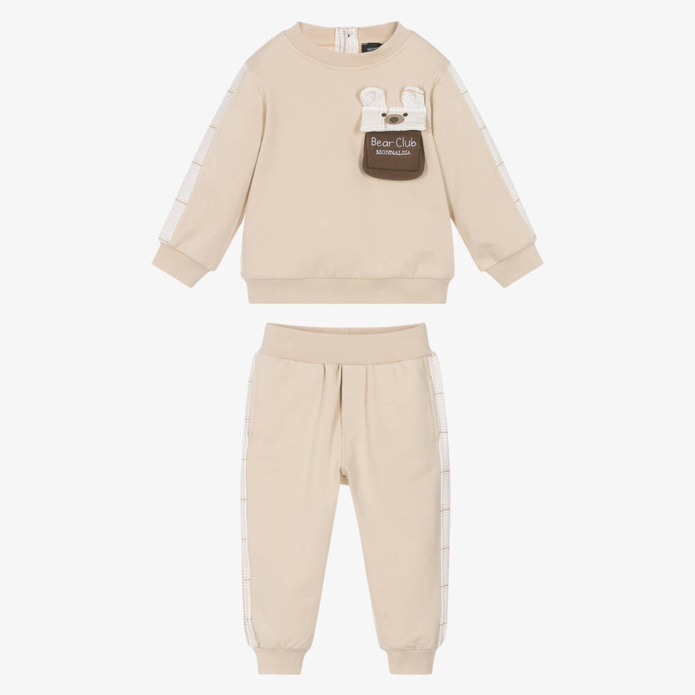 Monnalisa-Boys Beige Cotton Bear Club Tracksuit | Childrensalon