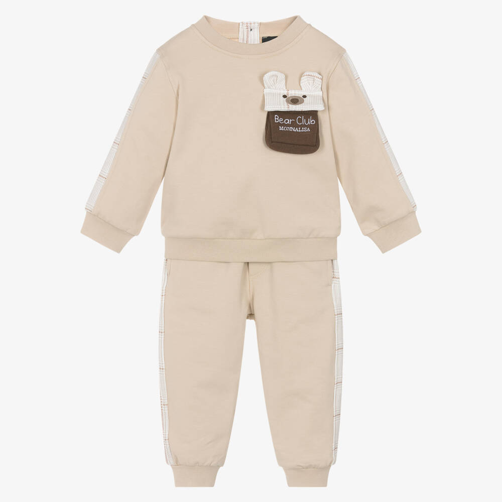Monnalisa-Boys Beige Cotton Bear Club Tracksuit | Childrensalon
