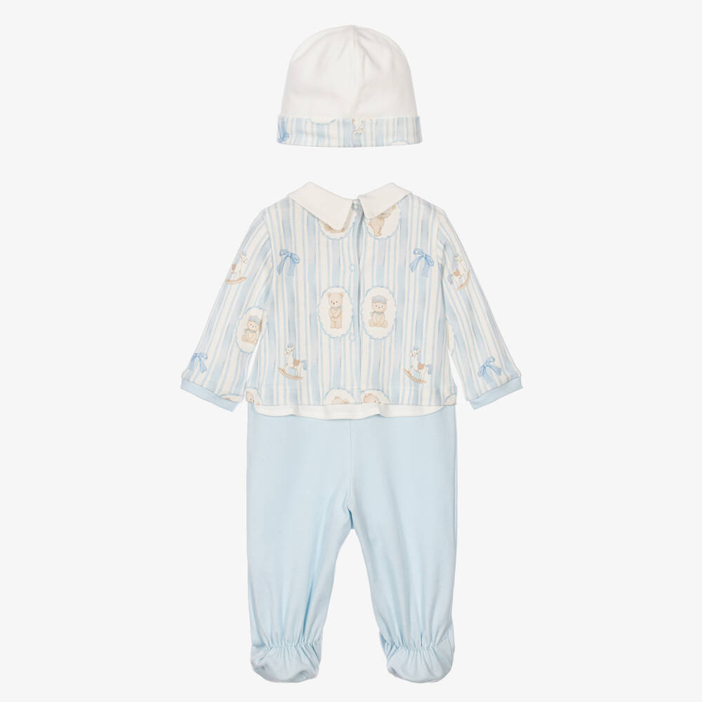 Monnalisa-Boys Blue Teddy Babygrow & Hat Set | Childrensalon