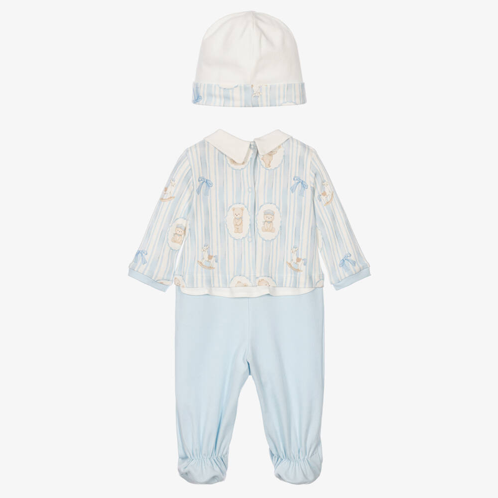 Monnalisa-Boys Blue Teddy Babygrow & Hat Set | Childrensalon